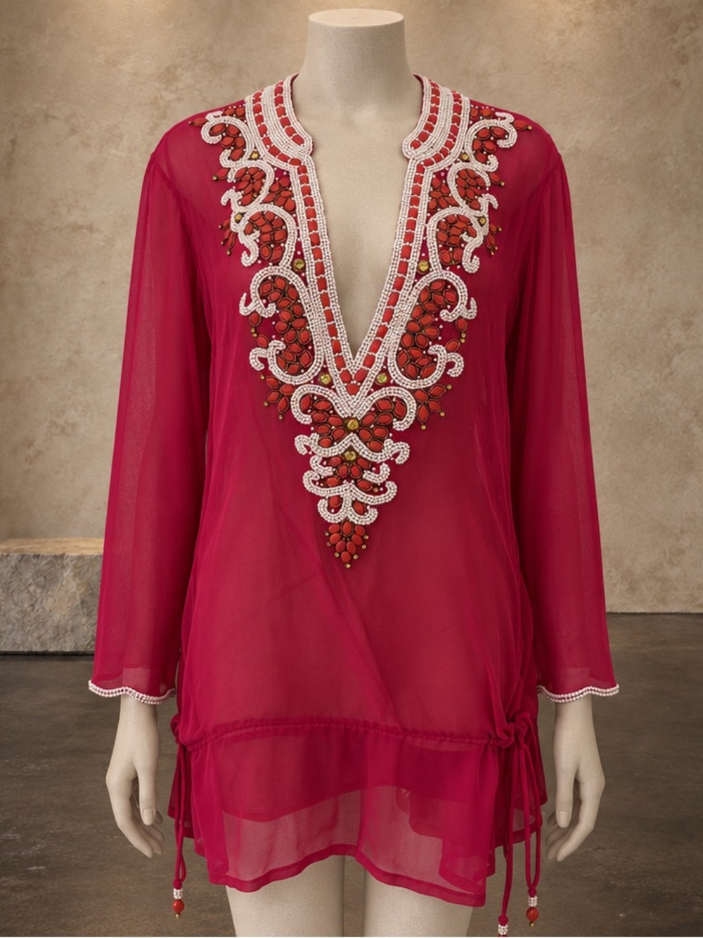 Kareena’s 100% Silk Beaded Fuchsia Resort Tunic Kaftan L